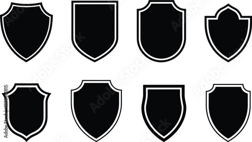 Eight distinct shield designs showcasing variations in shape and border style.