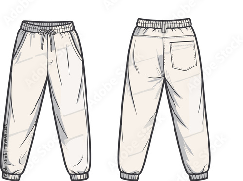 Front and back view of beige jogger pants vector illustration with elastic waistband, drawstring, cuffs, and pocket, isolated on white background