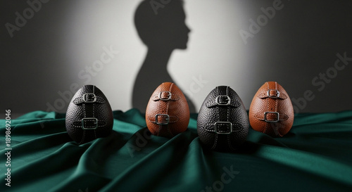 Intriguing still life featuring buckled egg-shaped decorative objects in black and brown on draped green fabric, with a human shadow.