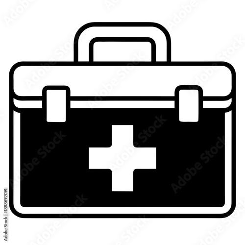 Simple black and white illustration of a first aid kit with a cross