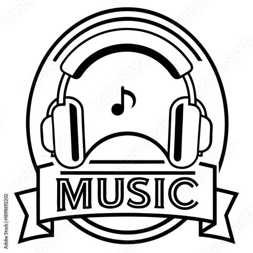 Black and white graphic of headphones with a musical note and text