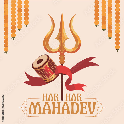 Lord Shiva Trishul and Damaru with Har Har Mahadev Text and Garland - Vector