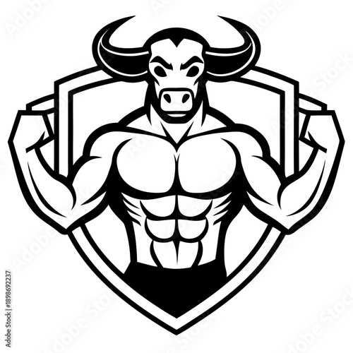 Muscular bull mascot design within a shield shaped emblem
