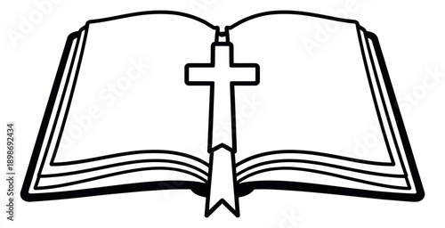 Hand drawn line art illustration of an open book with a cross bookmark depicting religious devotion for spiritual education