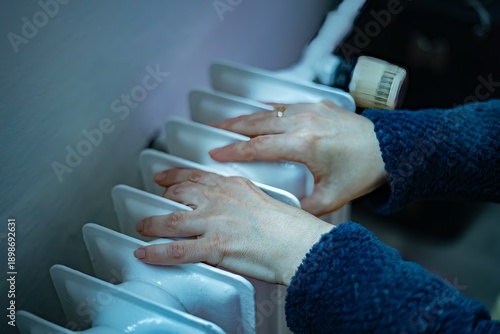 Cold house in Ukraine: Close-up of bare hands searching for warmth on a cold radiator during a power outage and energy crisis.