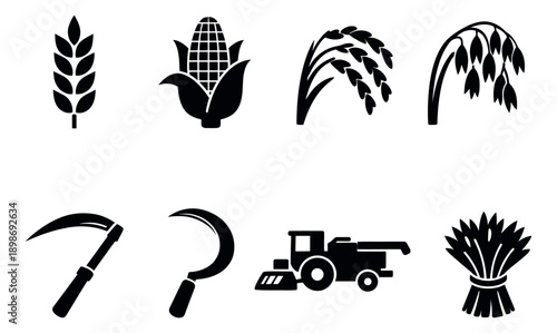 Simple glyph agriculture icon set featuring grains, farming tools, and harvest equipment for agricultural design