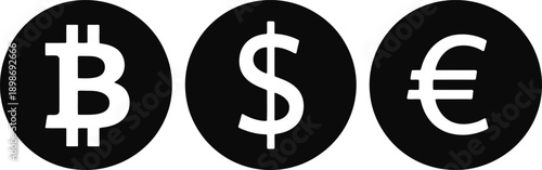 Illustration of three circles representing bitcoin, dollar, and euro symbols.