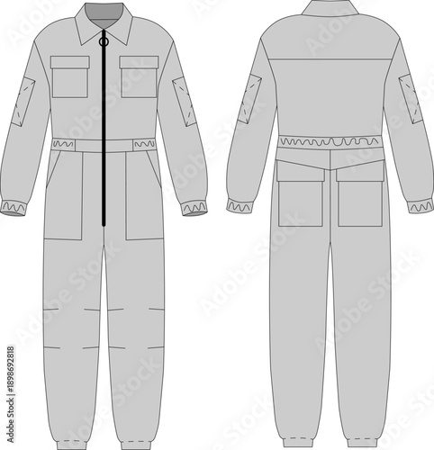 Industrial work overalls technical illustration, professional mechanic coverall, technical uniform template, front and back view, realistic vector illustration, fashion clothing mockup.
