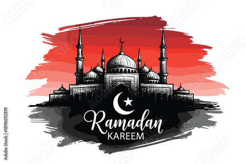 Beautiful sketch vector of grand mosque with red sunset background for ramadan