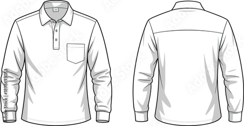 Front and back view of long sleeve polo shirt vector illustration with collar, buttons, chest pocket, isolated on white background