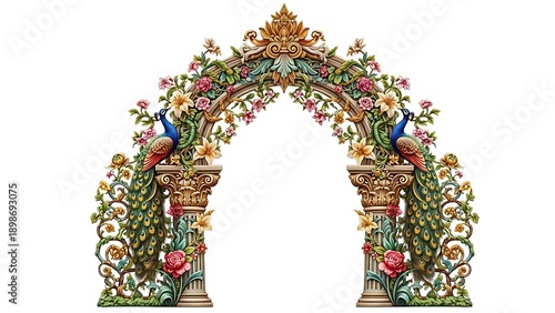 Ornate floral archway with peacocks