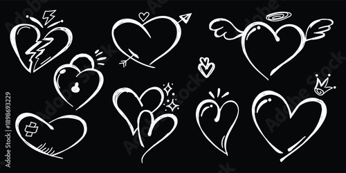 hand drawn heart doodle set white line on black, sketch style love heart icons on dark background, romantic hand drawn heart illustration chalk vector