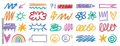 Crayon doodle colorful charcoal hand drawn set. Pencil drawings squiggle shapes and forms. Freehand collage elements.