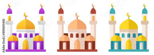 Vector illustration set of Islamic mosque with domes and minarets, crescent moon symbols. Flat colorful stickers isolated on transparent background. Architecture icons for Eid. Muslim design elements