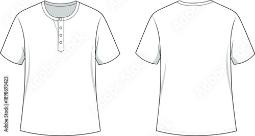 Men’s short sleeve Henley t-shirt technical flat illustration with front and back views, casual basic apparel design template on white background