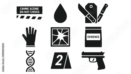 A collection of crime scene investigation icons and forensic symbols