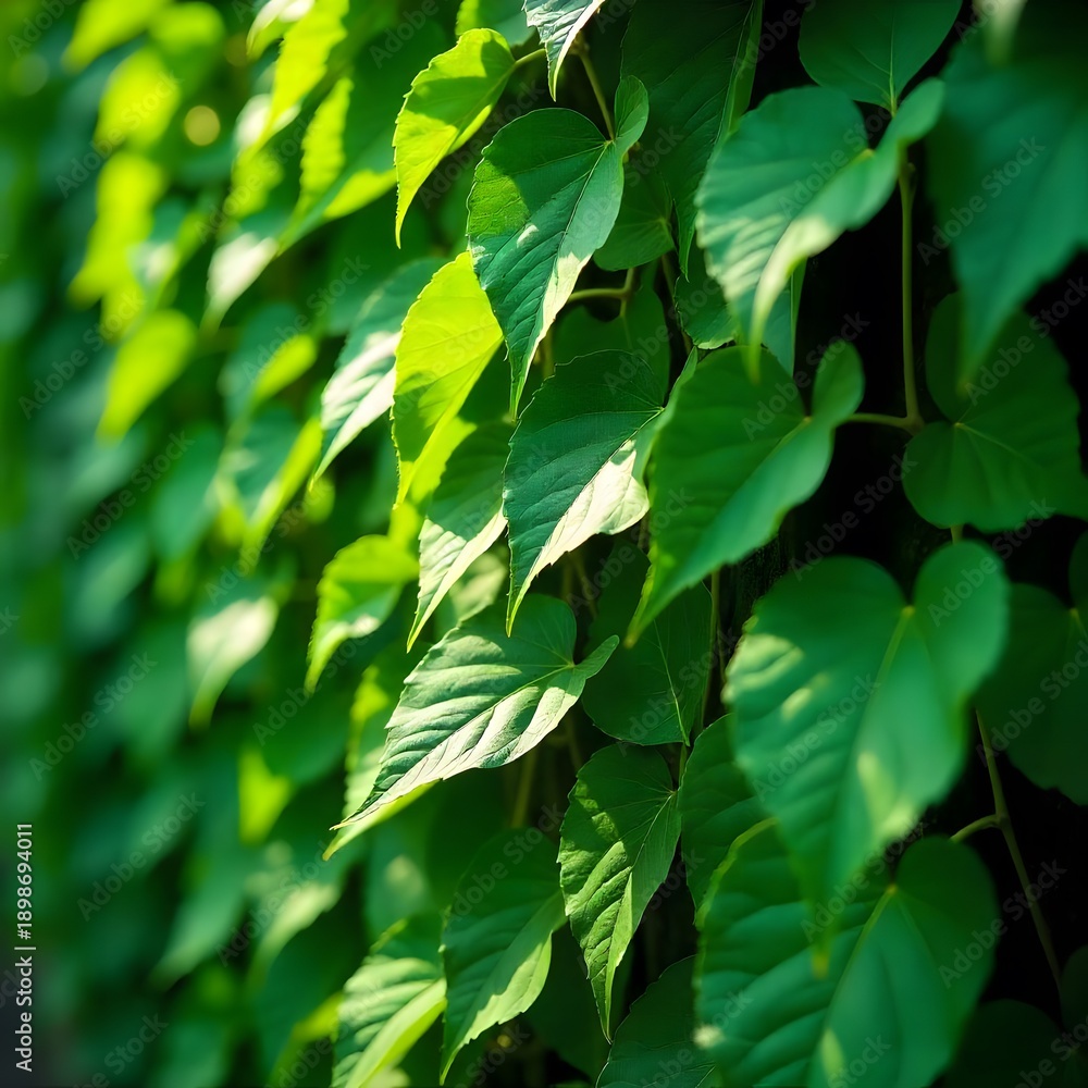 Obraz premium Close up of lush green leaves with dappled sunlight creating a vibrant natural texture