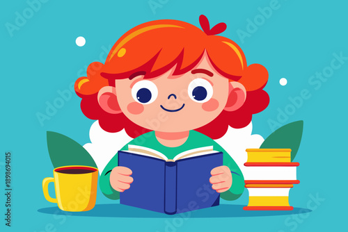 A cheerful young girl engrossed in reading a colorful book with enthusiasm