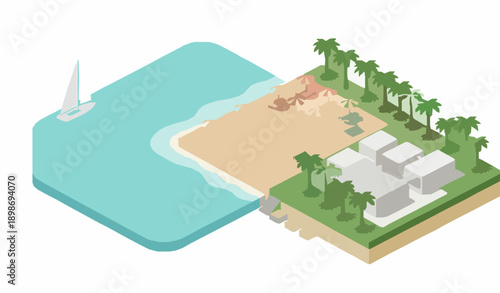 Isometric coastal resort beach scene summer vacation vector illustration