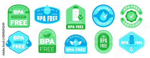 Bpa free guarantee badge logo vector set. No bisphenol a and phthalates symbols for health and safety. Eco friendly product label design with water drop, leaf and tick icon. Non toxic plastic stickers