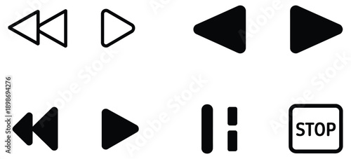 black media playback rewind fast forward play pause stop symbols for audio player, a top ranked vector icon set featuring clean control buttons for music apps, video players, and modern user interface