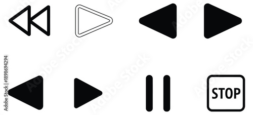 black media playback rewind fast forward play pause stop symbols for audio player, a premium ranked collection of minimalist media control icons ideal for audio software, streaming platforms, 