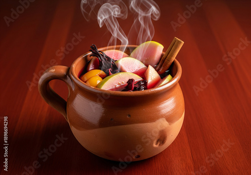 Traditional Mexican Christmas fruit punch in clay mug with steam, cinnamon stick, guava and hibiscus
