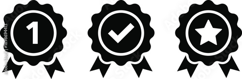 Three distinct badges representing achievement, approval, and excellence