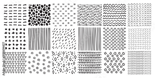 Square patterns set. Hand drawn doodle style patterns. Hatched squares abstract drawing technic, geometric shapes strokes