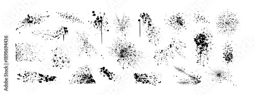 Vector set spray paint ink blots, drips, liquid splatters. Hand drawn black splashes, graffiti speckles, inkblot spots with dusty grunge effects. Paintbrush blobs, dirty splash stains or mud drops