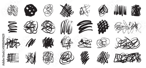 Hand drawn messy chaotic scribble lines collection. Brush freehand doodle scribbles on white background