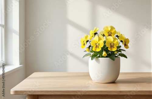 Wallpaper Mural Viola in pot on wooden table, bright room with white wall, window on left. Concept of vibrant Viola cornuta in pot, creating peaceful ambiance with natural light. Torontodigital.ca