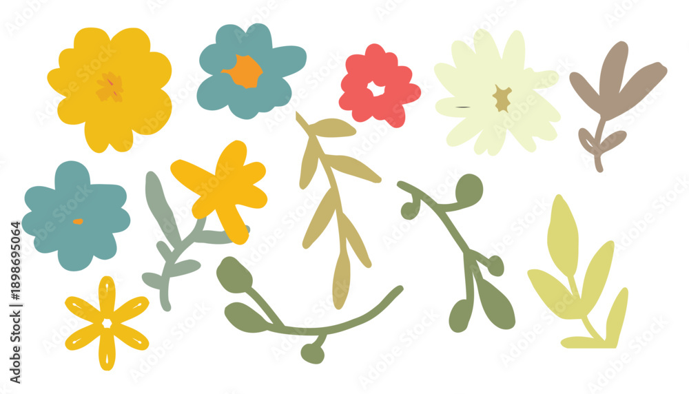 Obraz premium Colorful Set of Wildflowers and Leaves Hand Drawn Botanical Collection.