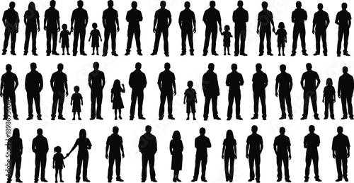 Silhouettes of families with parents and children standing together, isolated on white background, representing family life, relationships, parenting, diversity, and social connection concepts