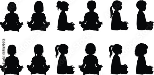 Silhouettes of children sitting in meditation pose, isolated on white background, representing mindfulness, yoga practice, calmness, balance, wellness, and relaxation concepts