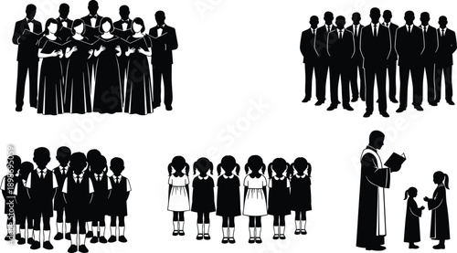 Silhouettes of choir groups and religious ceremony with priest and children, isolated on white background, representing faith, worship, community, and spiritual education concepts