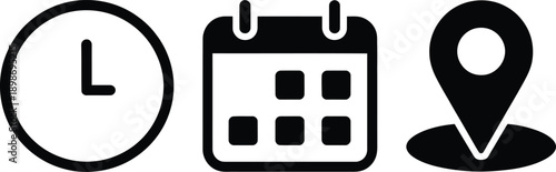 Symbols representing time, calendar, and location for event planning and reminders