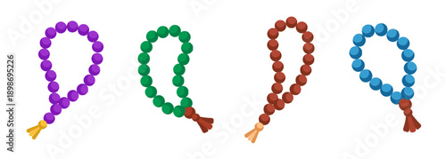 Islamic tasbih prayer beads vector cartoon icon set. Collection of flat colorful misbaha with tassel isolated on transparent background for Ramadan, Islamic worship. Muslim faith 2d design element