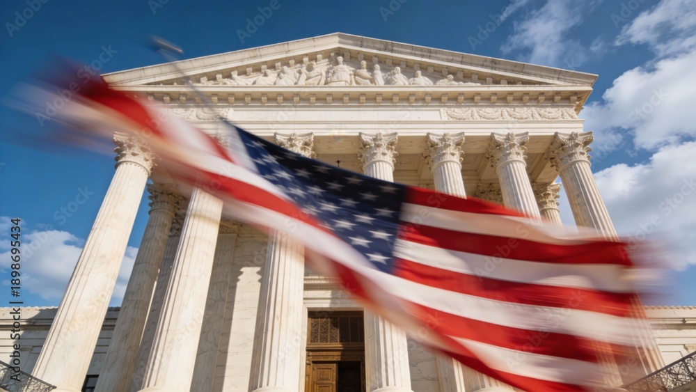 Obraz premium Blurry Flag Flowing Over Grand Courthouse, Fading American Banner Drifting Across Majestic Judicial Building, Indistinct American Flag Gently Gliding Past Impressive Facade Of Courthouse