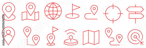 Location icon set with map, pin, navigation, distance, direction and address symbols in solid vector style.