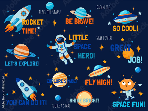 Fotografia Motivational rewards for children on the theme of space with planets, rockets, and stars