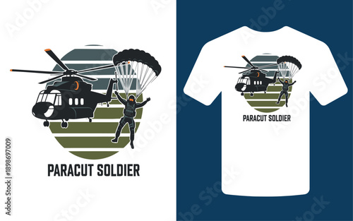 A graphic design featuring a parachuting soldier and a helicopter presented as a t shirt mockup