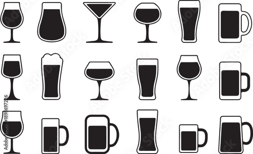 Collection of various alcoholic and beer glasses