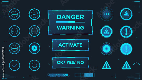 Futuristic interface with warning signs buttons and a danger message