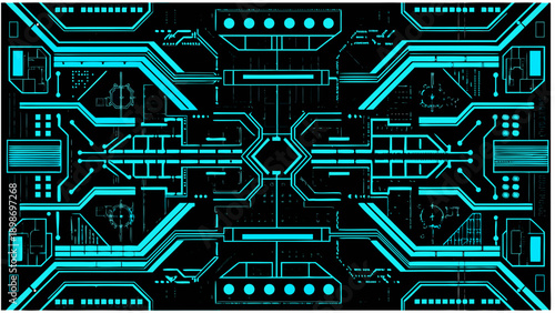 Abstract digital circuit pattern with glowing cyan lines on black background