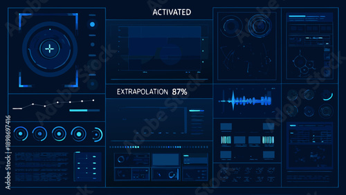 Futuristic user interface with glowing blue lines and data displays