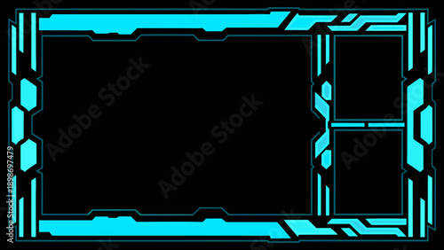 Abstract geometric frame with glowing cyan lines on a black background