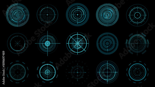 Collection of teal and cyan targeting reticles on a black background