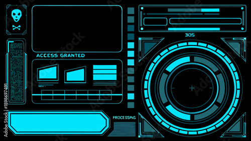 Futuristic user interface elements with a skull and cyan glow