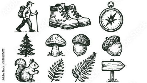 A collection of black and white illustrations for hiking and nature